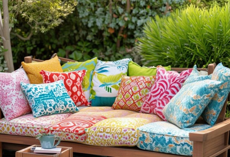 Photo haute résolution d'un assortiment de coussins colorés soigneusement arrangés sur un mobilier de patio en bois, avec de nouvelles housses de coussins faites-main en cours de couture et un guide étape par étape à côté, dans un éclairage ambiant doux.