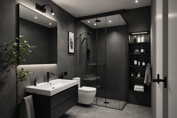 Salle de bain compacte et moderne sous toit en pente avec miroir sans cadre, palette monochrome, éléments en noir mat et éclairage dramatique.