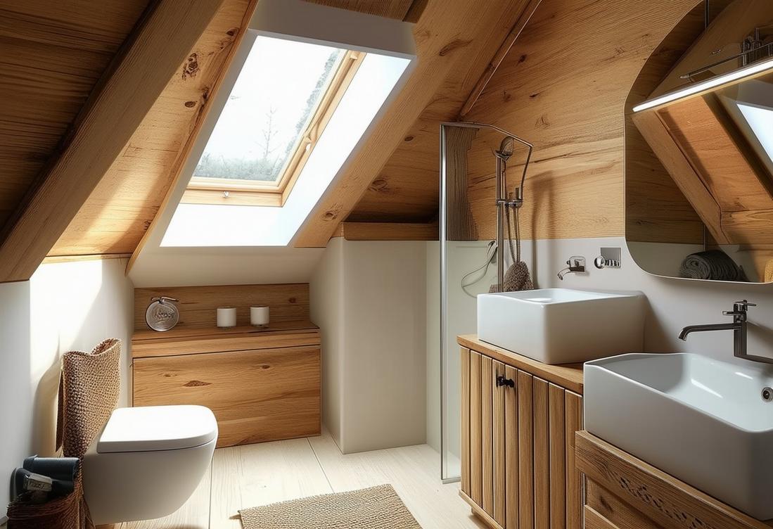 Une salle de bain mansardée cosy de 4m², avec un plafond en bois rustique, un puits de lumière étroit apportant une lumière naturelle sur les équipements modernes et des solutions de rangement créatives, une finition mate, un éclairage ambiant.