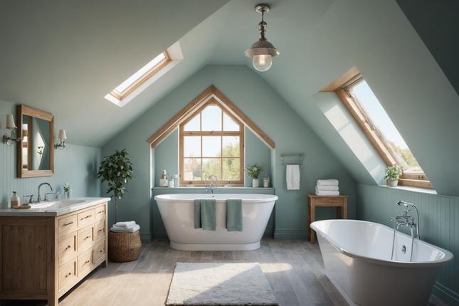 Vue d'une salle de bain sous combles avec une baignoire intégrée sous une fenêtre de toit, couleurs pastel et éclairage d'ambiance doux.