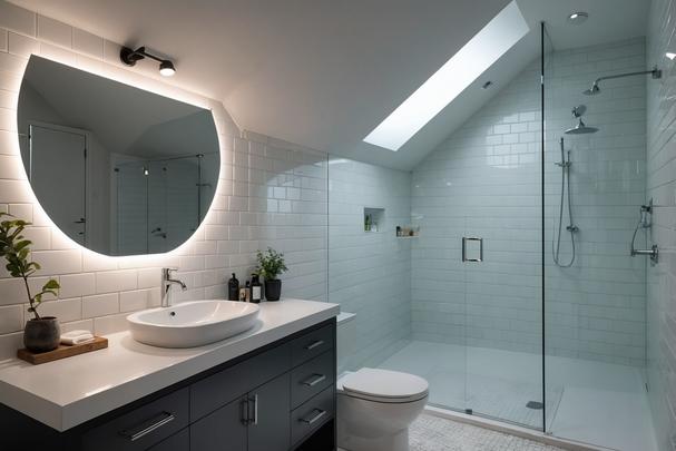 Vue d'une salle de bain mansardée minimaliste avec une douche en verre, une vasque suspendue et des carreaux blancs type métro, dans une lumière ambiante vive et un focus net.