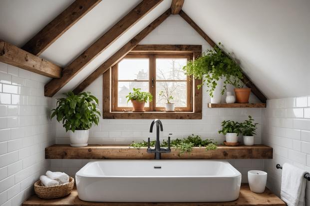 Photographie d'une petite salle de bain mansardée charmante avec des plantes sur une étagère murale, des céramiques blanches, des poutres en bois apparentes et une lumière naturelle.