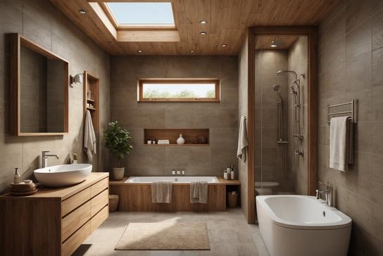 salle de bain chaleureuse aux tons terreux avec des accents de bois, un petit puits de lumière offrant une lumière naturelle et une douche d'angle, dans une composition élégante au fini mat doux