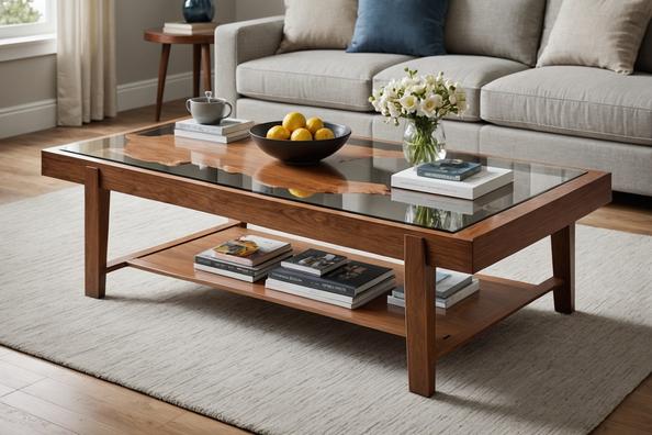 Table basse en merisier innovante avec plateau de verre transparent laissant apparaître le bois original, éclairée par une douce lumière du jour dans un cadre contemporain.