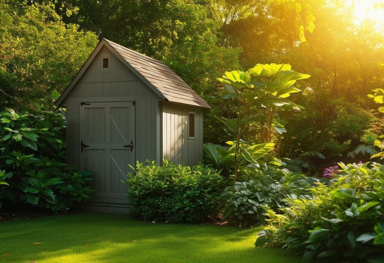 Photographie en haute résolution montrant une cabane de jardin discrète nichée au milieu d'une verdure bien entretenue, éclairée par une lumière d'après-midi chaleureuse.