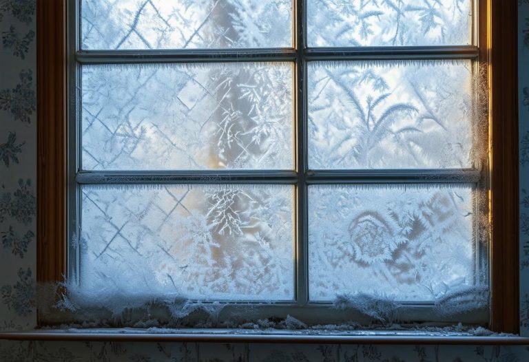 Photographie montrant un motif de givre sur une fenêtre intérieure, avec du papier peint décollé à cause de l'humidité et une lumière douce de matin d'hiver filtrant à travers.