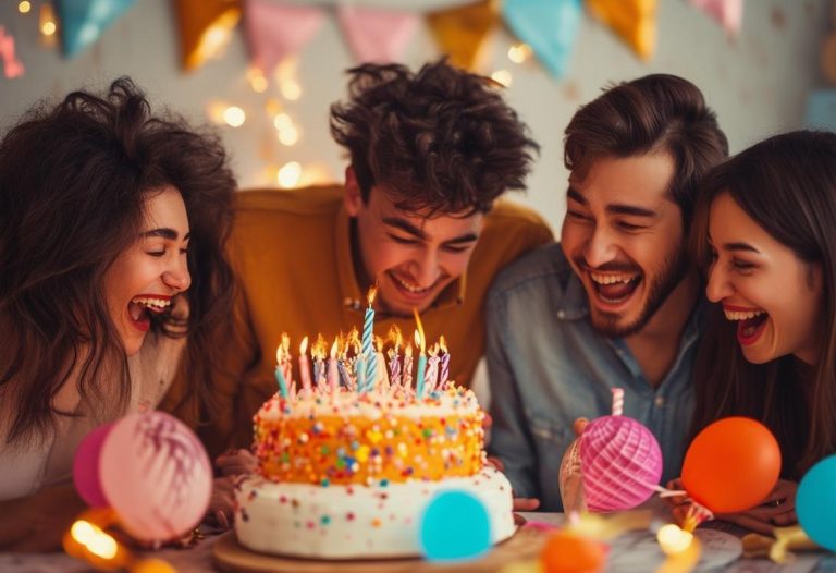 Groupe d'amis rassemblés autour d'un gâteau d'anniversaire décoré de manière hilarante, riant ensemble dans une pièce faiblement éclairée avec des décorations de fête éparpillées.