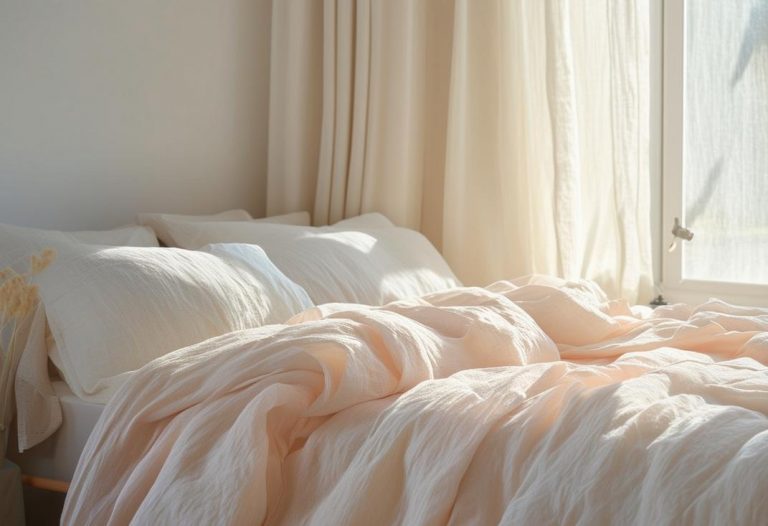 Photographie minimaliste d'un lit parfaitement fait avec une couette en gaze de coton doux dans des tons pastel, nichée dans une pièce aérée ensoleillée avec un éclairage ambiant naturel.