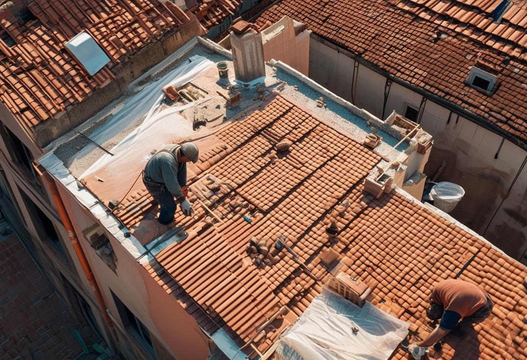 Vue aérienne d'un toit de 100m2 en cours de rénovation avec des tuiles en terracotta éparpillées et des artisans travaillant sous la lumière du jour, lumière ambiante douce et mise au point nette.