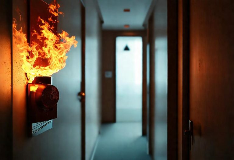 Une image photoréaliste d'une alarme incendie flamboyante sur la porte d'un appartement voisin, un couloir vide étrangement silencieux signifiant l'absence d'occupants, un éclairage froid et net.