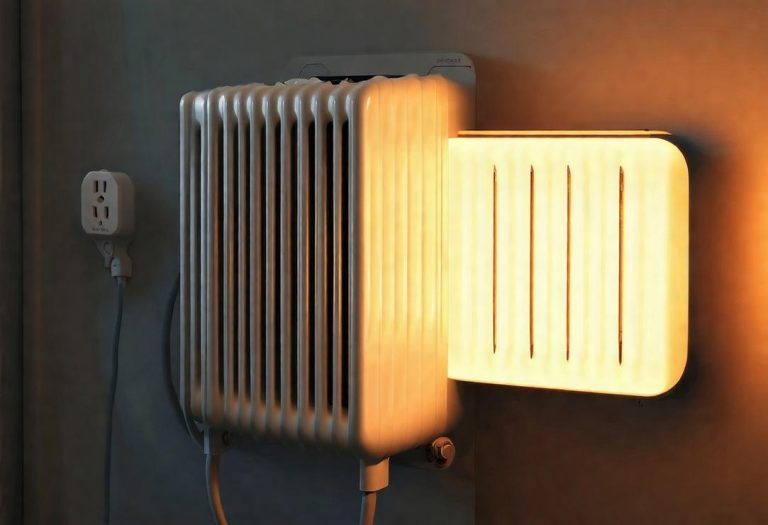 Image photoréaliste d'un radiateur 1000W branché sur une prise murale domestique, la lumière émise par le radiateur contrastant avec la pièce sombre.