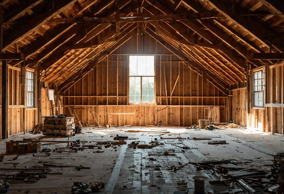 Photographie aiguisée montrant le avant et après d'une grange de 100m2 en cours de rénovation, avec des outils, des plans, la lumière du soleil créant des tons chaleureux et des ombres dramatiques.