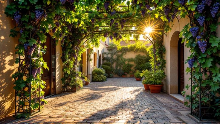 Une pergola en fer forgé, ornée de vignes entrelacées, projette une ombre délicate sur une cour pavée provençale sous une lumière dorée au coucher du soleil.