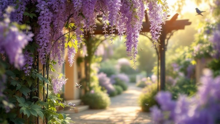 Un jardin rustique de Provence encadré par une pergola en fer forgé ornée de glycines fleuries dans une lumière ambiante douce.