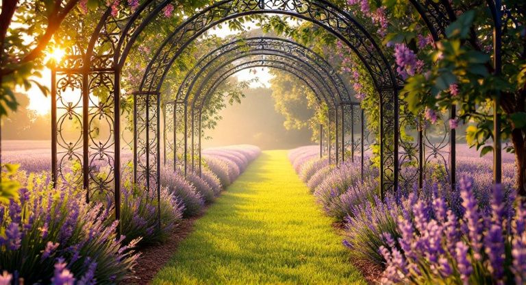 La lumière du matin filtre à travers les motifs d'une pergola en fer forgé surplombant un champ de lavande.