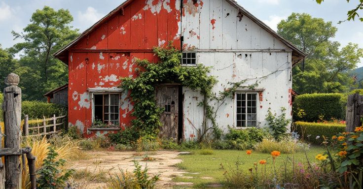 Une grange abandonnée avec de la peinture écaillée et des herbes folles à gauche, contrastant avec une échappée rurale restaurée et des jardins soignés à droite.