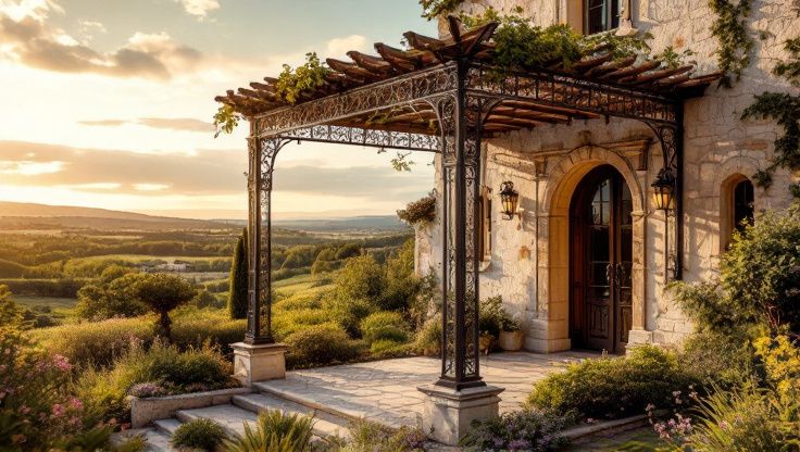 La ferronnerie enroulée d'une pergola provençale dessine une silhouette élégante devant un villa en pierre historique.