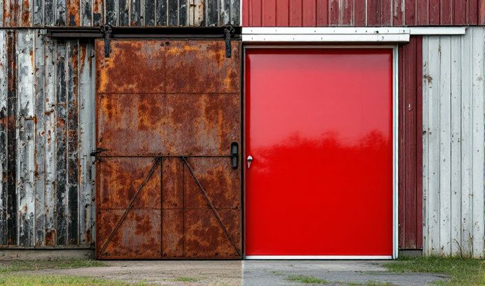 Une photographie divisée montrant à gauche une vieille porte de grange rouillée détachée et à droite une porte coulissante neuve de couleur vive et finitions élégantes.