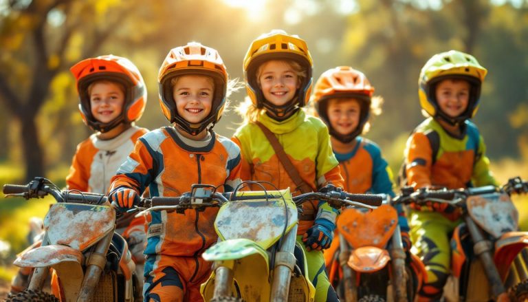 Des enfants souriants posent fièrement avec leurs motocross lors d'une journée estivale.