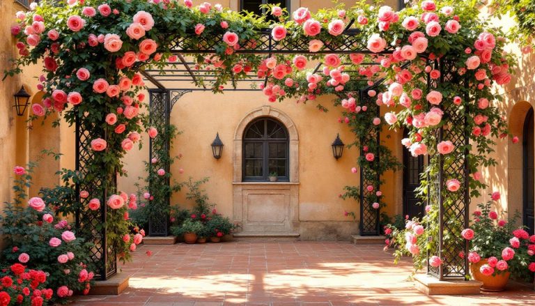 Pergola provençale arbore de délicates roses grimpantes.