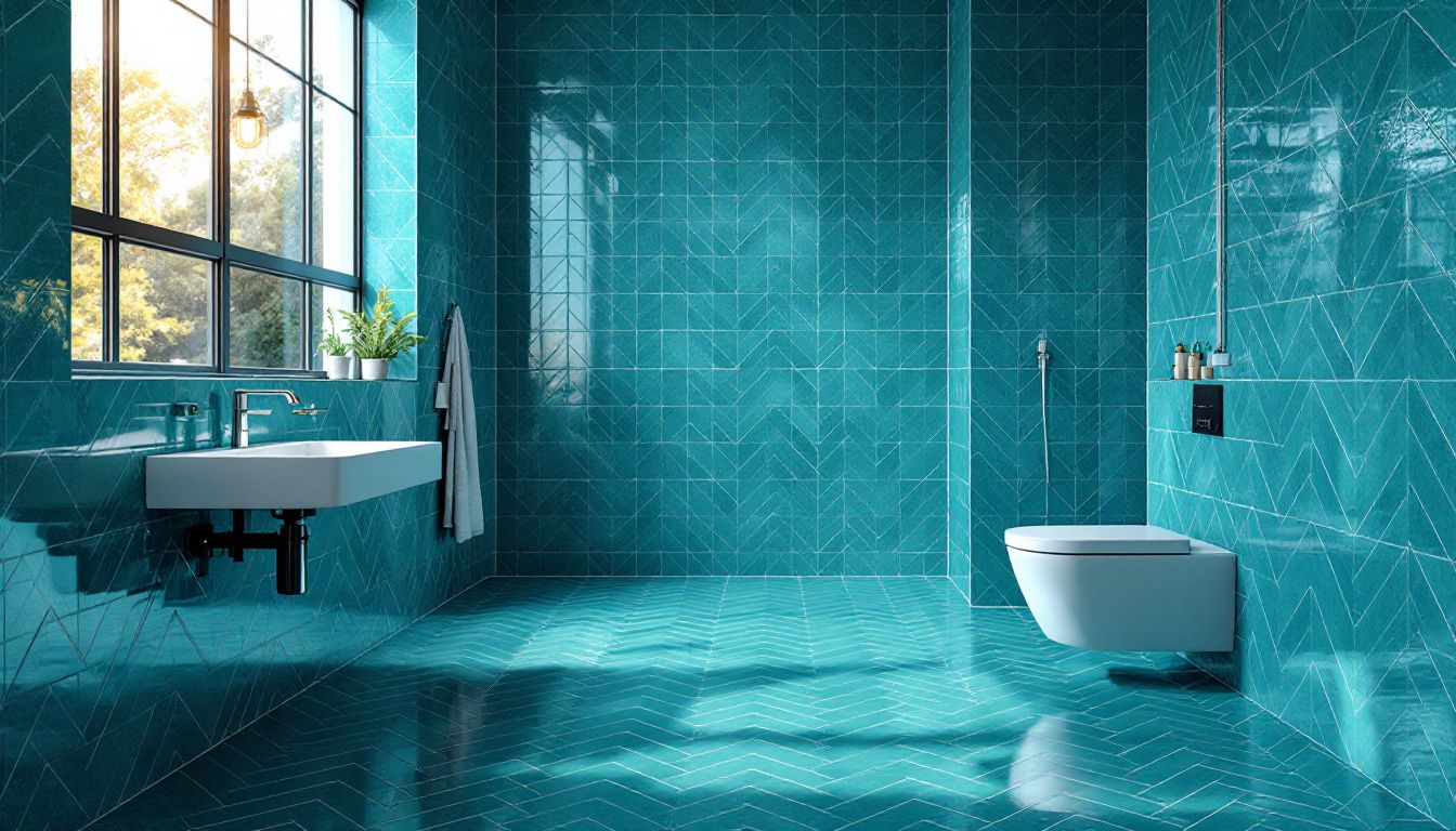 Salle de bain moderne aux teintes teal, équipée d'équipements contemporains et de décoration épurée.