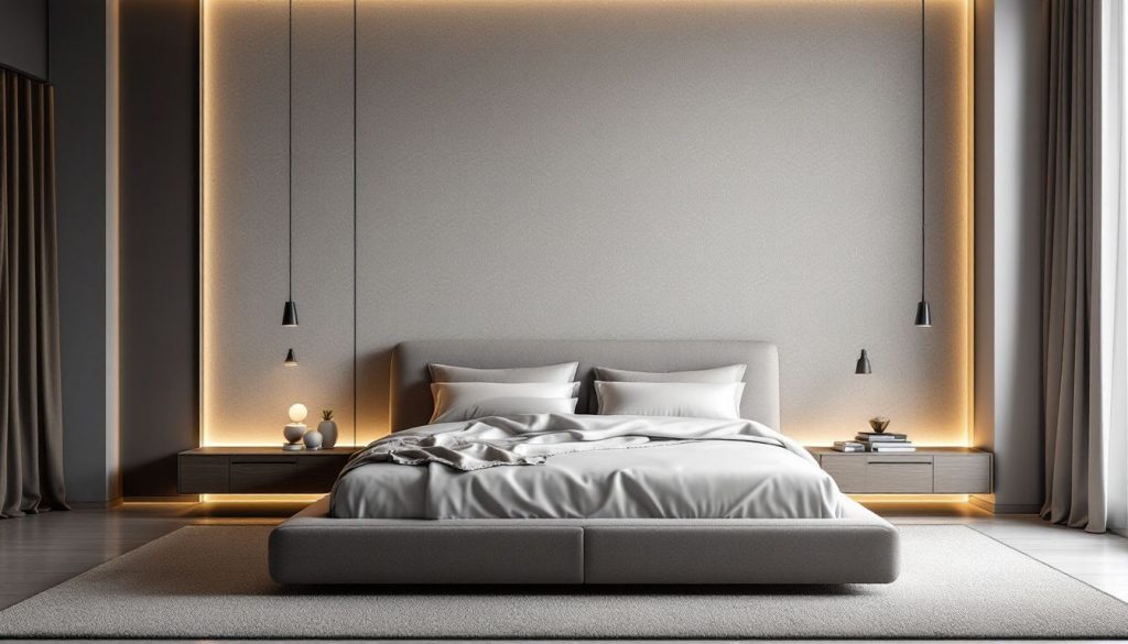 Chambre contemporaine aux teintes douces, mêlant mobilier élégant et atmosphère apaisante.