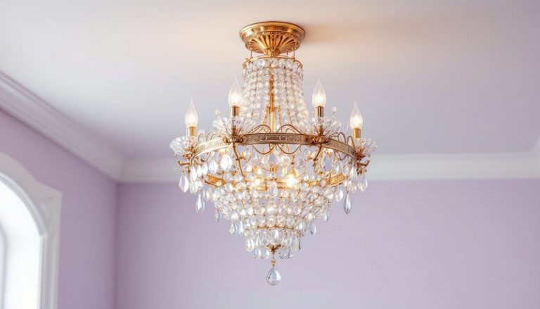 Chandelier scintillant suspendu devant un mur aux teintes pastel.