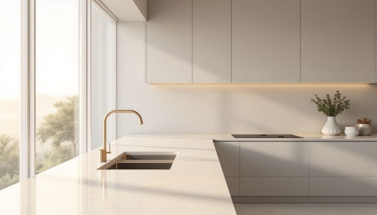 Cuisine minimaliste, lumineuse et élégante, dotée de meubles épurés et de surfaces claires.