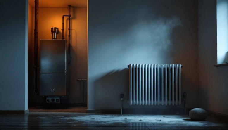 Intérieur d'un espace froid avec une chaudière en fonctionnement.