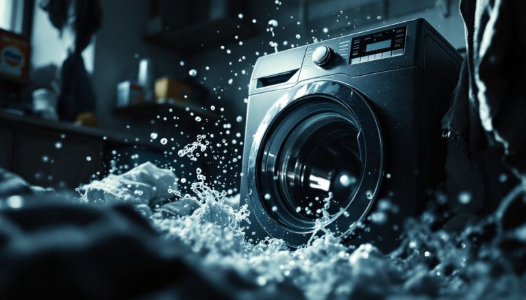 Un lave-linge en fonctionnement, chargé de vêtements en cours de lavage.