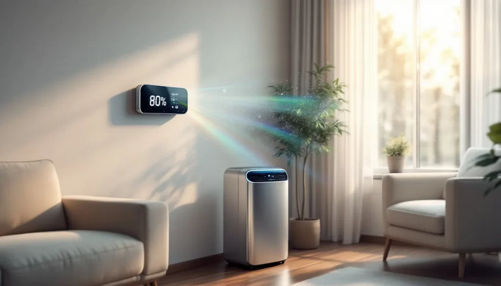Intérieur d'une pièce avec des déshumidificateurs fonctionnels en arrière-plan.