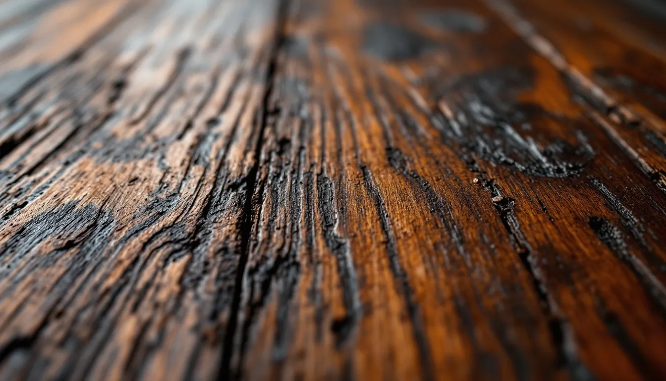 Finition brillante sur une surface de bois frais révélant ses nuances naturelles.