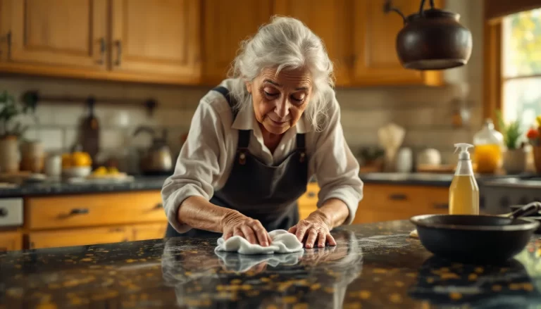 Des mains âgées nettoient un plan de travail avec un chiffon.
