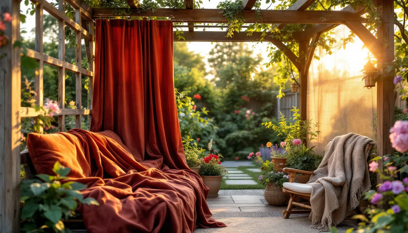 Tissus colorés suspendus sous une pergola, illuminés par le soleil.