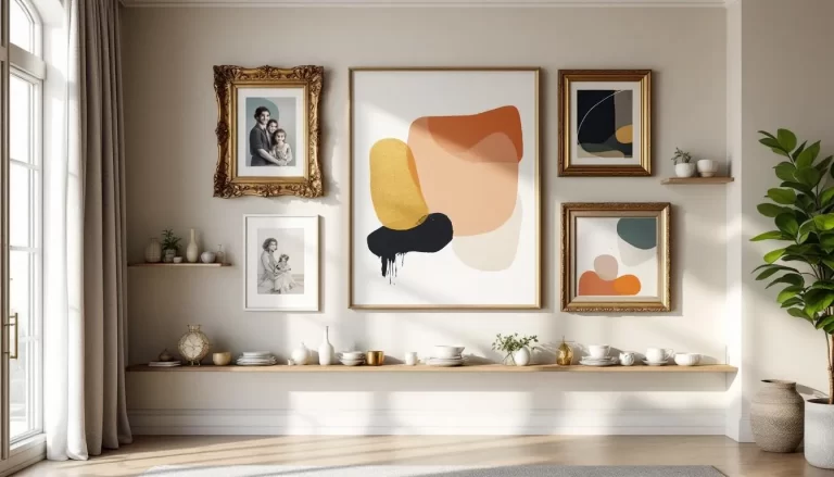Un mur orné d'œuvres d'art stylisées où se mêlent couleurs et formes variées.