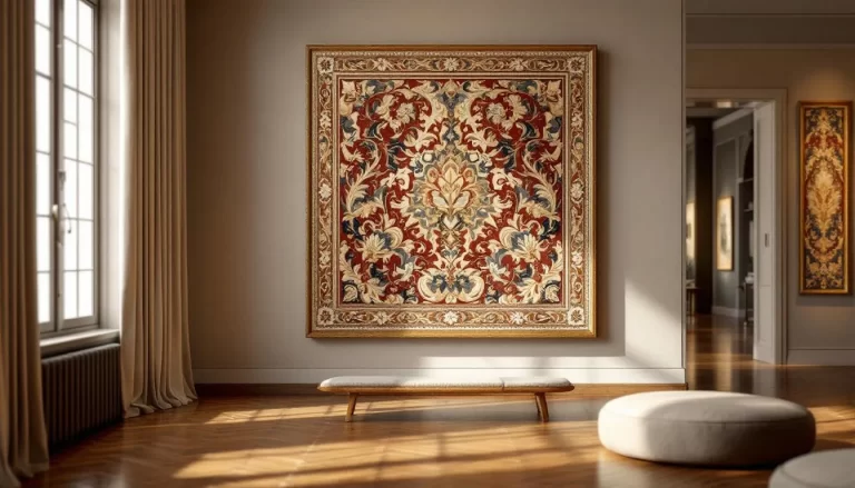 Tapisserie Aubusson colorée exposée dans une galerie, illustrant des motifs floraux et des scènes bucoliques.