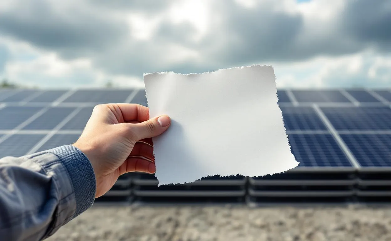 Commande déchirée posée devant des panneaux solaires.