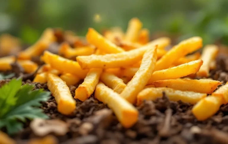 Des frites dorées sont posées sur un tas de compost organique.