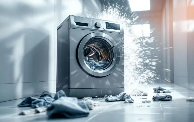 Machine à laver en panne avec porte entrouverte et vêtements éparpillés devant.