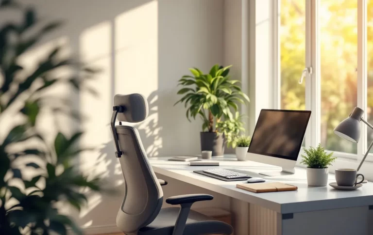 Un bureau moderne avec un bureau blanc, une chaise ergonomique et un ordinateur portable, baigné par une lumière naturelle douce dans une ambiance épurée et calme.