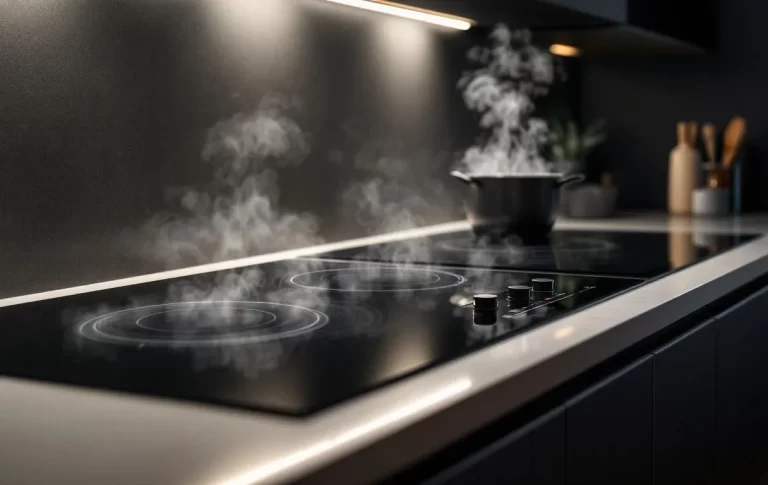 Plan de travail moderne avec une plaque à induction noire et une table de cuisson vitrocéramique, légèrement embrumées sous un éclairage doux.
