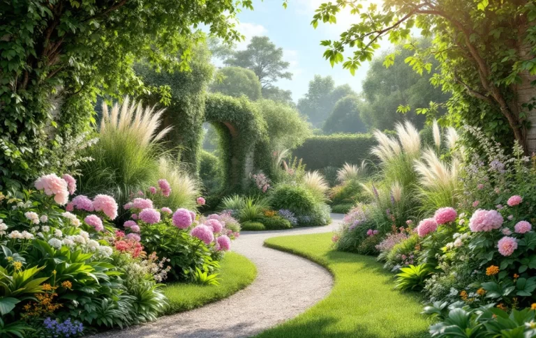 Jardin verdoyant et entretenu, composé de plantes faciles d’entretien et de quelques fleurs de saison sous une douce lumière naturelle.