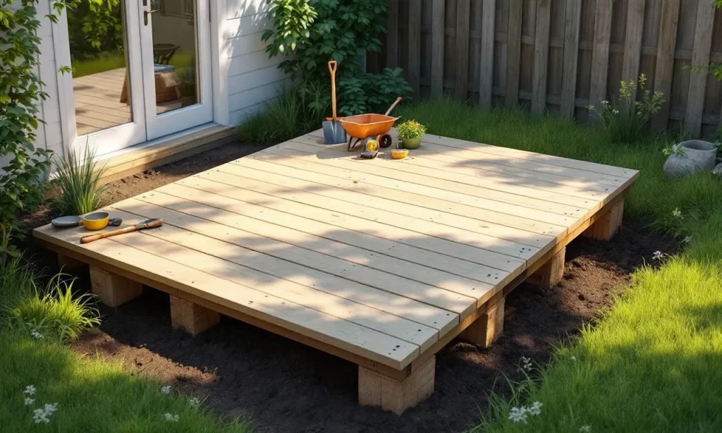 Construction d’une terrasse en bois économique sur la terre dans un petit jardin ensoleillé, entourée d’outils de jardinage et d’herbe verte.