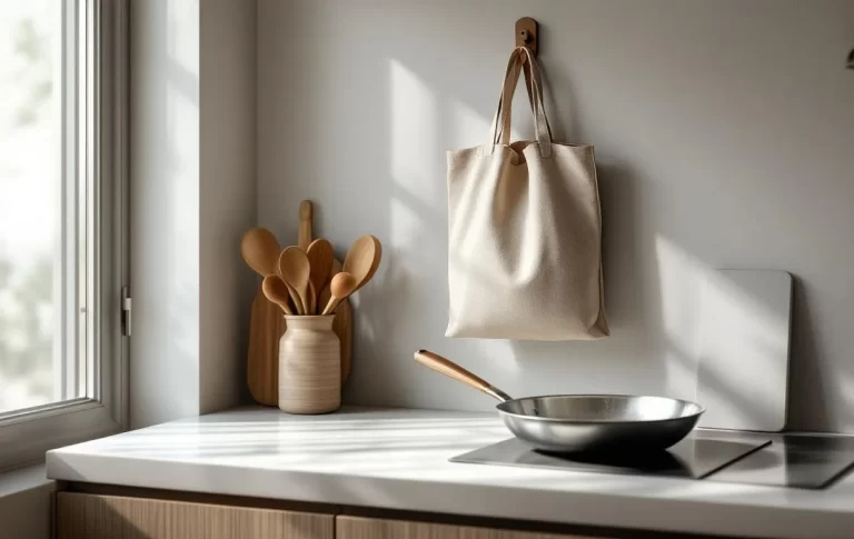 Un sac Poêle écologique suspendu à côté d’une poêle sur un plan de travail de cuisine moderne baigné de lumière naturelle.