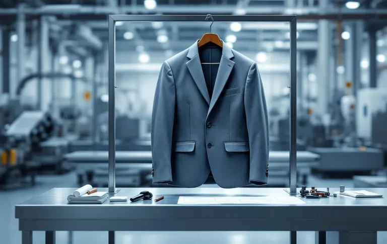 Une veste Technical élégante est posée sur un établi minimaliste avec des machines industrielles floues en arrière-plan.