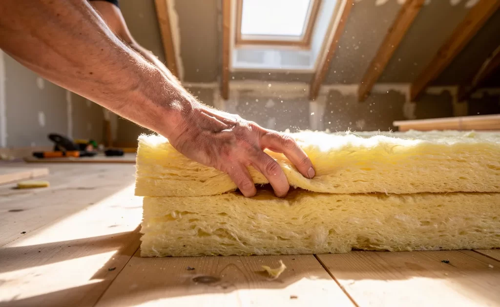 Deux mains empilent soigneusement des couches épaisses d’isolant dans des combles lumineux en cours de rénovation, baignés par la lumière d’une lucarne.