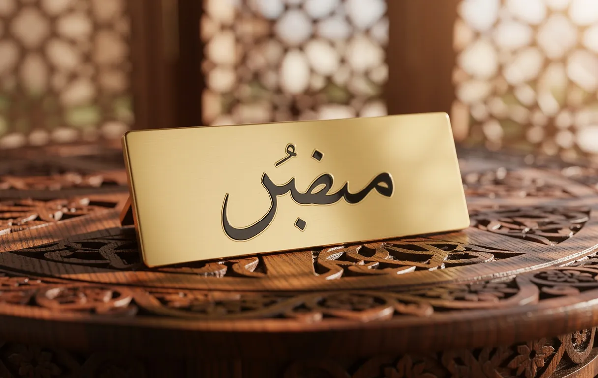 Plaque nominative artisanale et élégante avec un prénom arabe rare posée sur une table en bois sculpté, éclairée par une lumière chaude filtrant à travers des motifs géométriques.