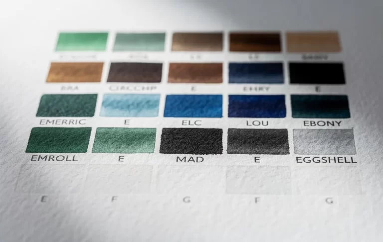Des échantillons de peinture aquarelle aux couleurs commençant par E, comme émeraude et blanc coquille d’œuf, sont alignés sur du papier texturé sous une lumière douce.