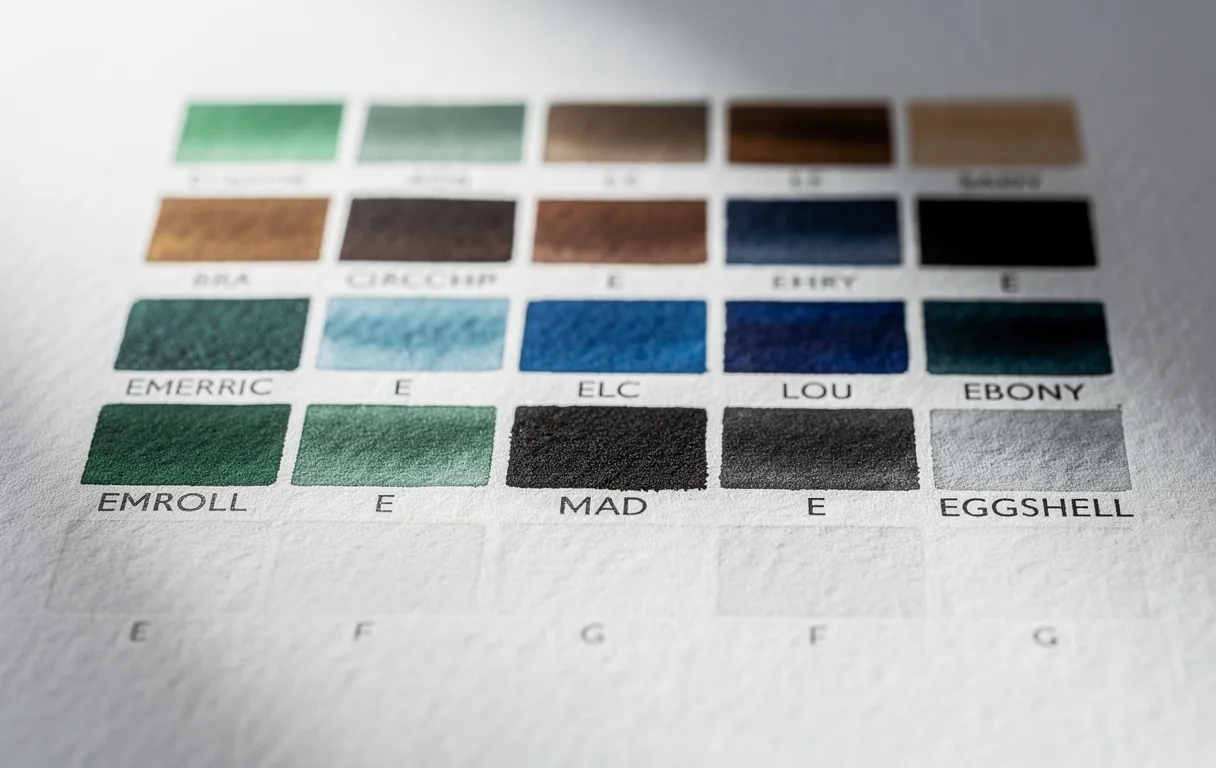 Des échantillons de peinture aquarelle aux couleurs commençant par E, comme émeraude et blanc coquille d’œuf, sont alignés sur du papier texturé sous une lumière douce.