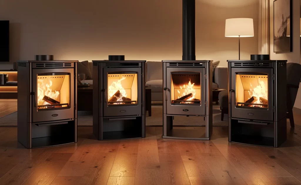 Cinq poêles à bois à double combustion modernes diffusent une lumière chaleureuse dans un salon contemporain, avec des flammes visibles derrière des portes en verre.